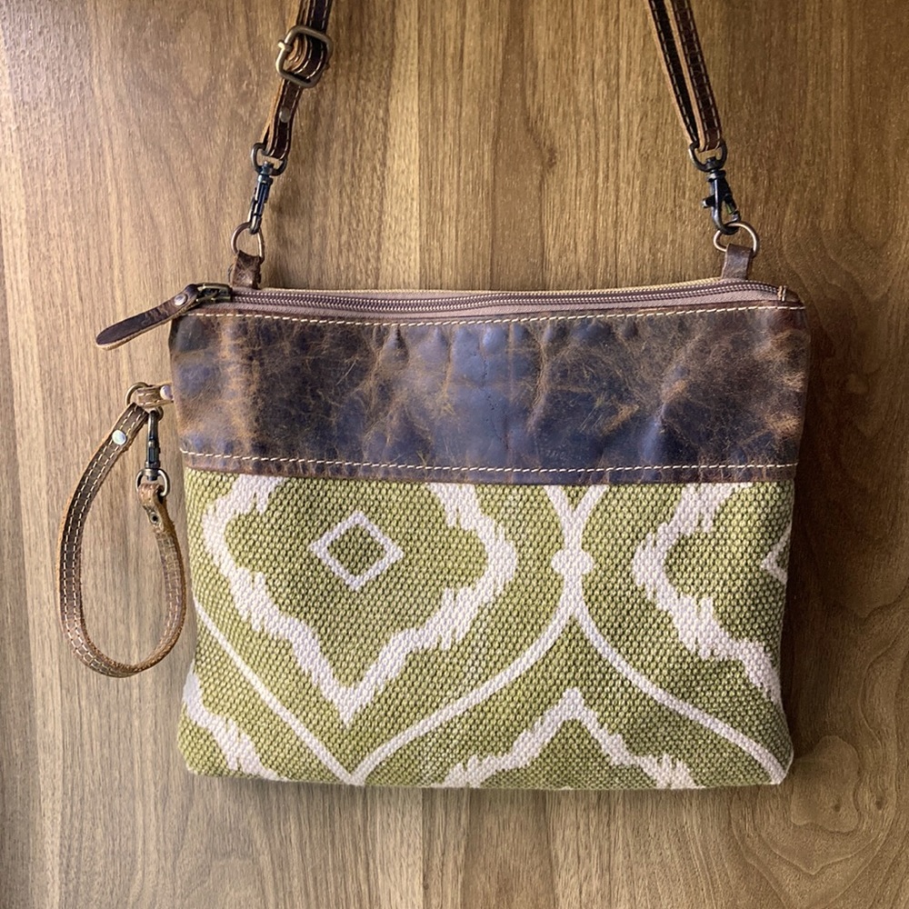 Myra Bag Crossbody Purse Chocolate Leather & Upcycled Canvas Removable Strap